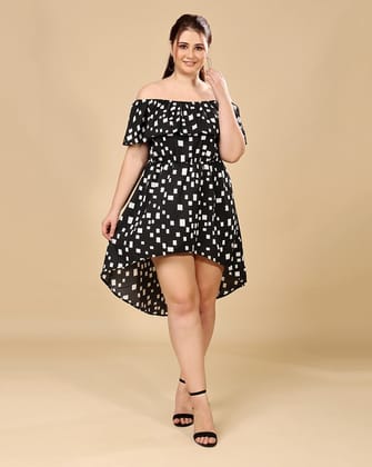 Black Geometric Printed High Low Dress-L / Black