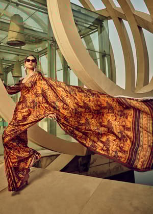 Royal Brown Satin Crepe Printed Silk Saree