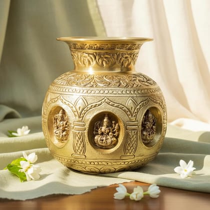 Sukh Sehaj Ashtalakshmi Kalash, Brass, Handcrafted, Antique Yellow Finish, Pooja Vessel for Home Decor, Pooja Ritual and Gifting (8.0)