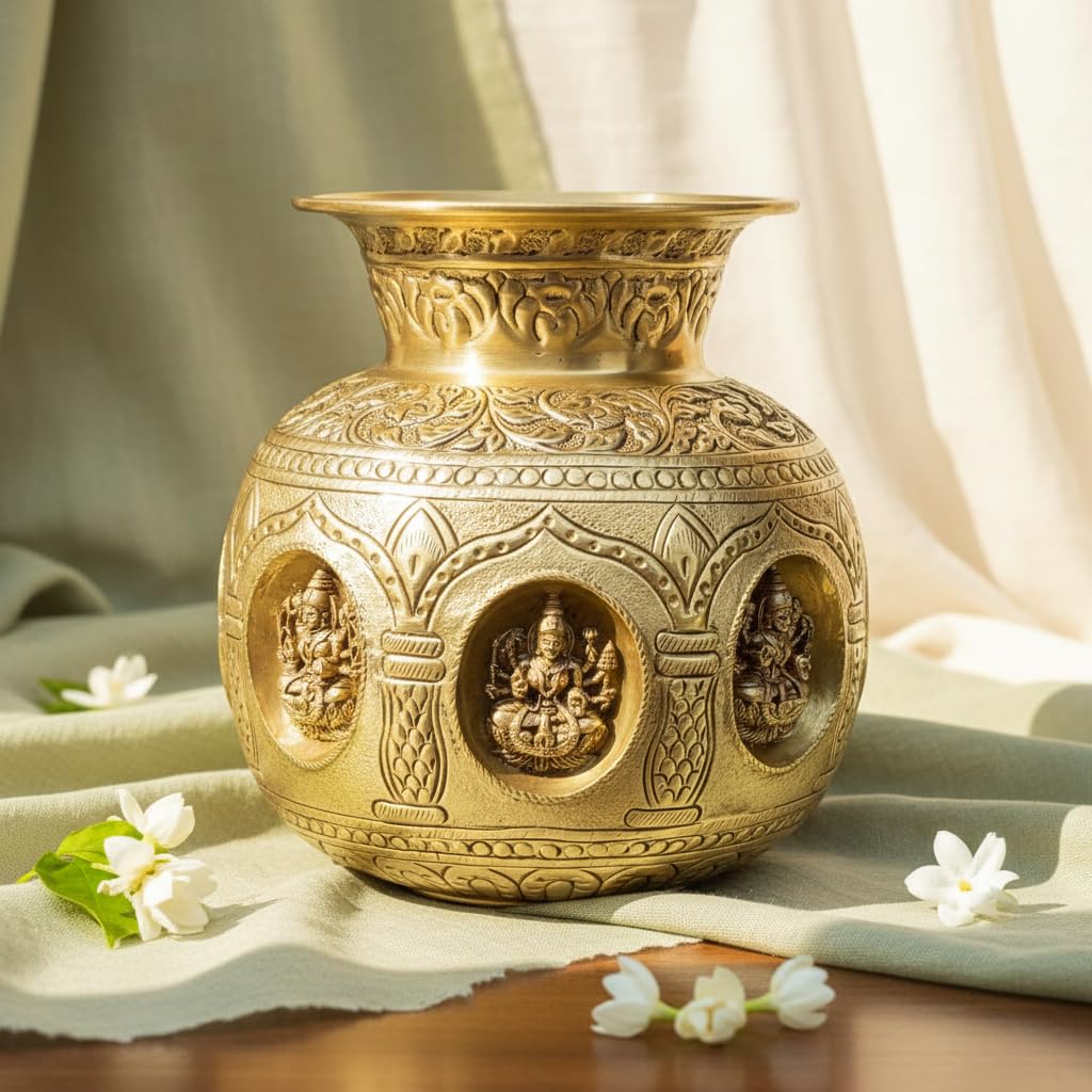 Sukh Sehaj Ashtalakshmi Kalash, Brass, Handcrafted, Antique Yellow Finish, Pooja Vessel for Home Decor, Pooja Ritual and Gifting (8.0)