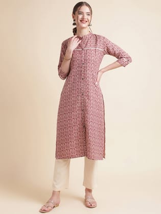 Pinkish Red Striped Cotton Blend Kurtas-S