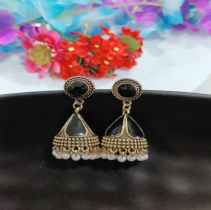 Antique Gold Plated Black Enamel White Pearl Jhumka Earring- AER 4213