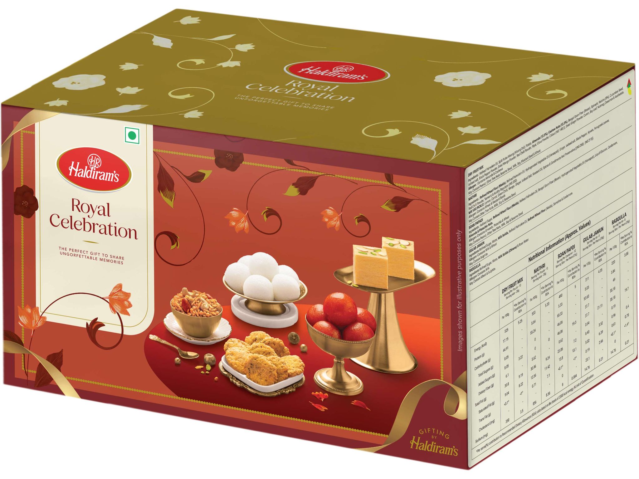 Haldiram's Royal Celebrations Gift Hamper - 200g of Mathri, 200g of Dry Fruit Mix, 500g of Gulab Jamun, 250g of Soan Papdi, and 500g of Rasgulla.