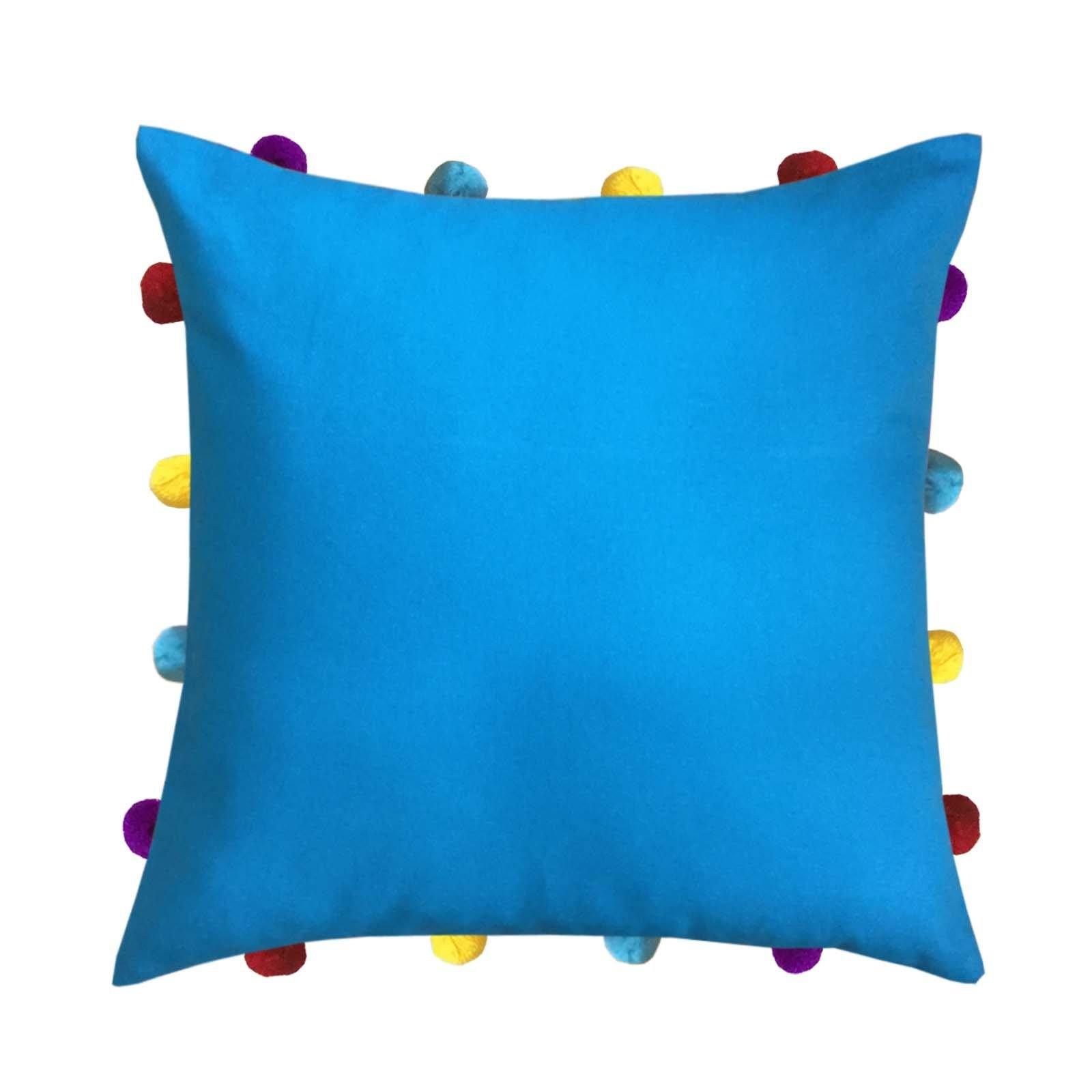 Lushomes cushion cover 14x14, boho cushion covers, sofa pillow cover, cushion covers with tassels, cushion cover with pom pom (14x14 Inches, Set of 1, Blue)