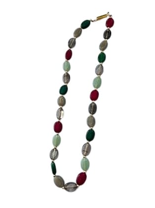 Handcrafted Multicolor Gemstone Beaded Necklace, Green Red Grey Jade, Gold-Plated Clasp, Oval Stone Design