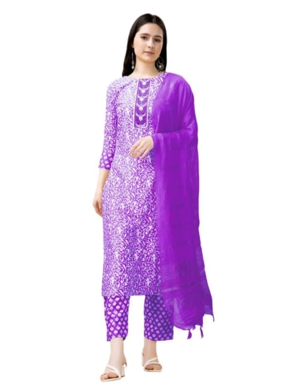Women's Casual 3-4 th Sleeve Embroidery Rayon Kurti Pant Dupatta Set (Purple, S)-PID50198