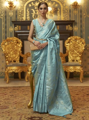 Sky Blue Satin Floral Zari Weaving Saree