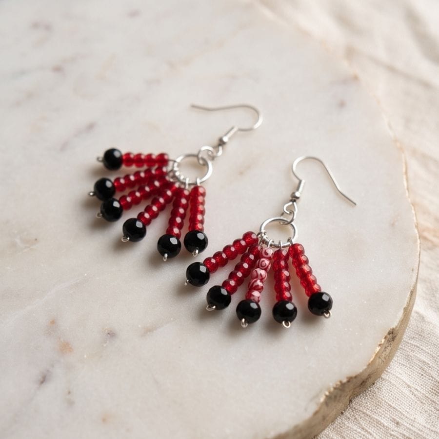 Handcrafted Red & Black Beaded Drop Earrings