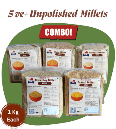 Unpolished Millet Grain Combo 1 kg each | 5 Positive Millet | kodo | barnyard | foxtail | Little | Browntop