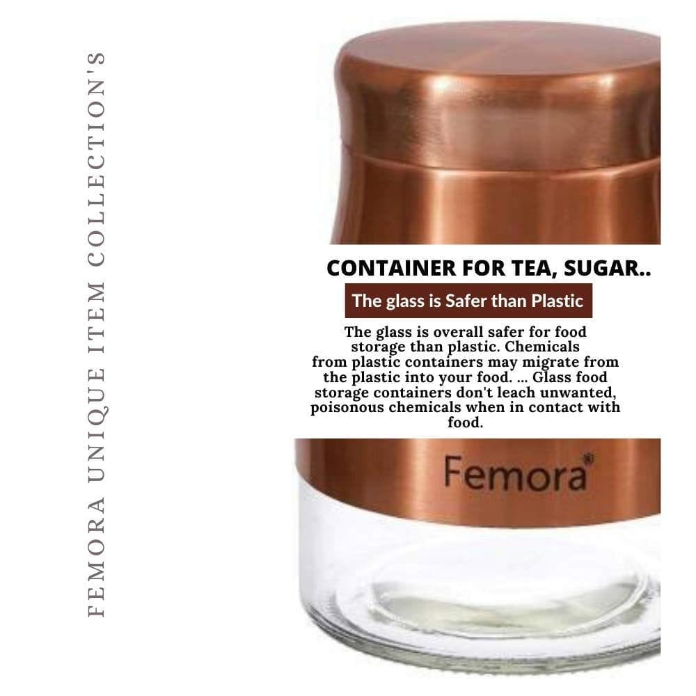 Femora Clear Glass Gold Metallic Steel Glass Jars Tea Sugar Jar Container Cereal, Spices, Pulses Container Spice Jar for Kitchen Storage Jars for Kitchen Storage, 900ML, Free Replacement of Lids