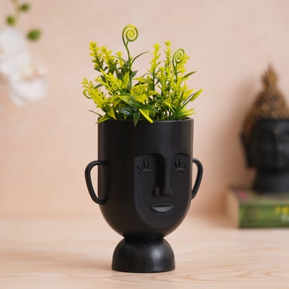 eCraftIndia Black Human Face Shaped Vase Artificial Green Plant For Home And Office Decor