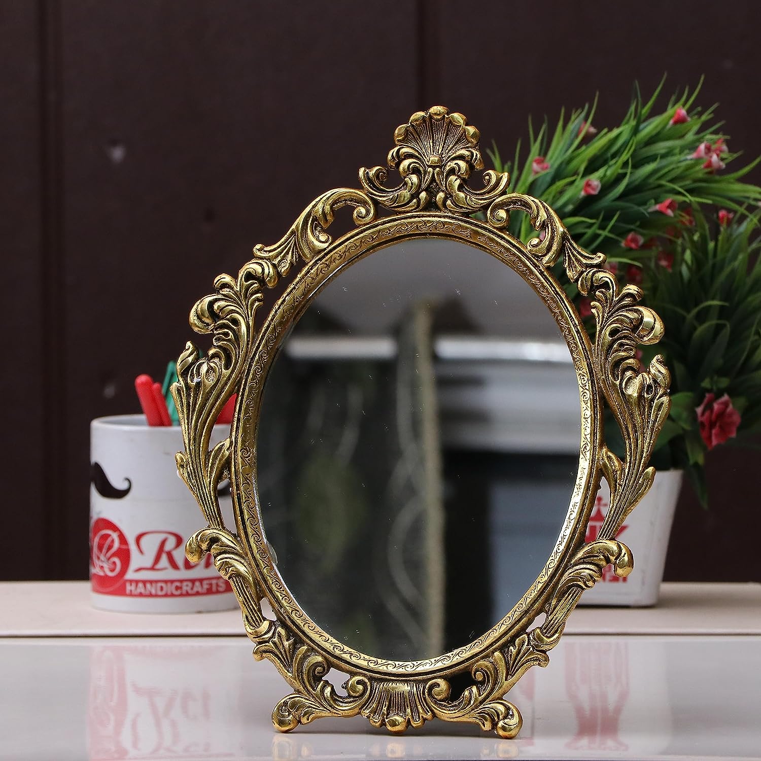DreamKraft Gold Plated Table Mirror  Perfect Gift | Floor Mount | 23x3x23cm