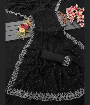 VEERAIVA Georgette Embroidered Saree With Unstitched Blouse Piece ( Black )