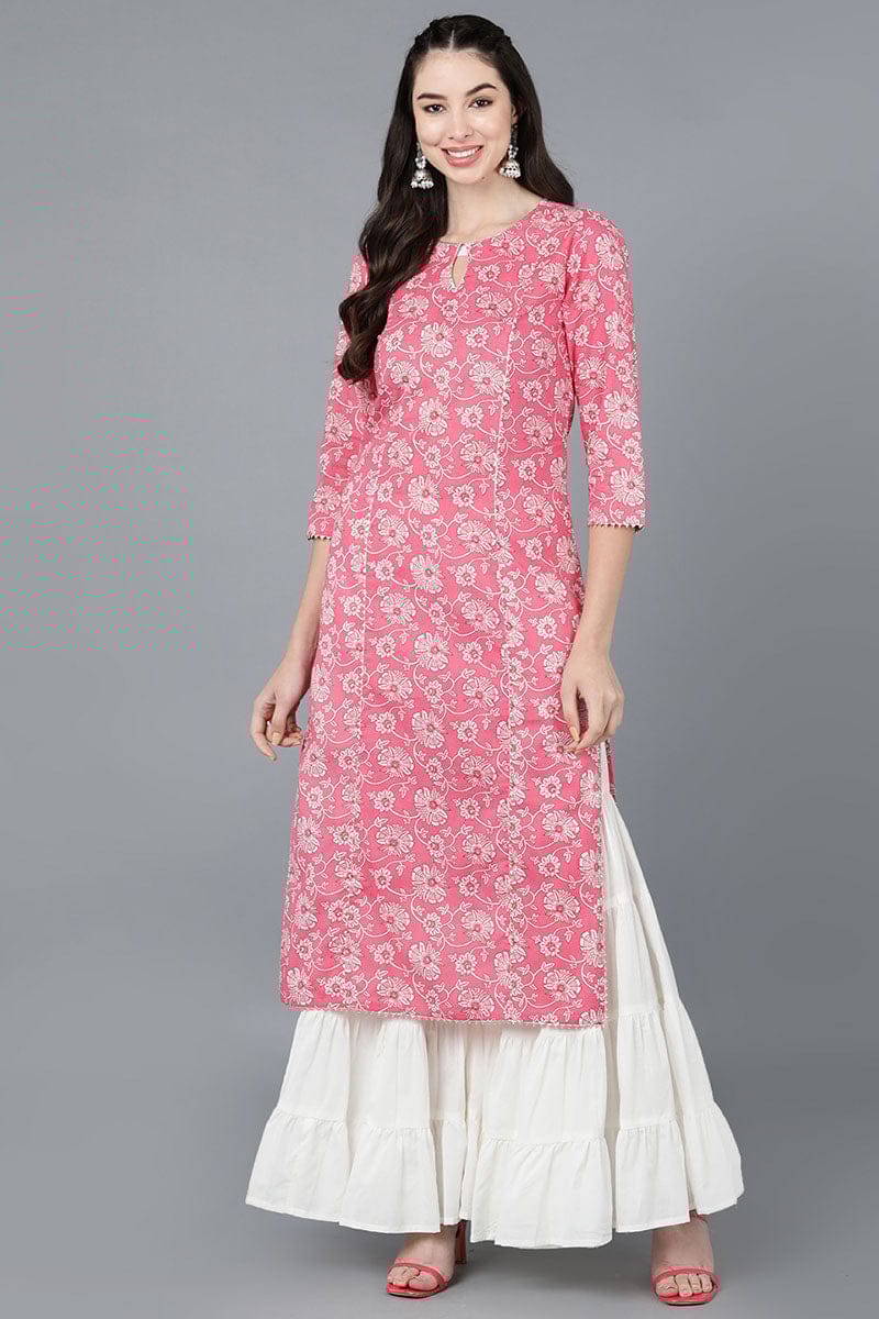Pink Cotton Blend Straight Kurta VCK8603