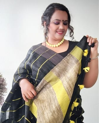 Illuminating Handwoven Pure Linen Black Saree Striped Design