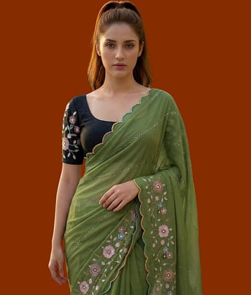 Indy Bliss Georgette Embroidered Regular Saree With Unstitched Blouse Piece ( Green )