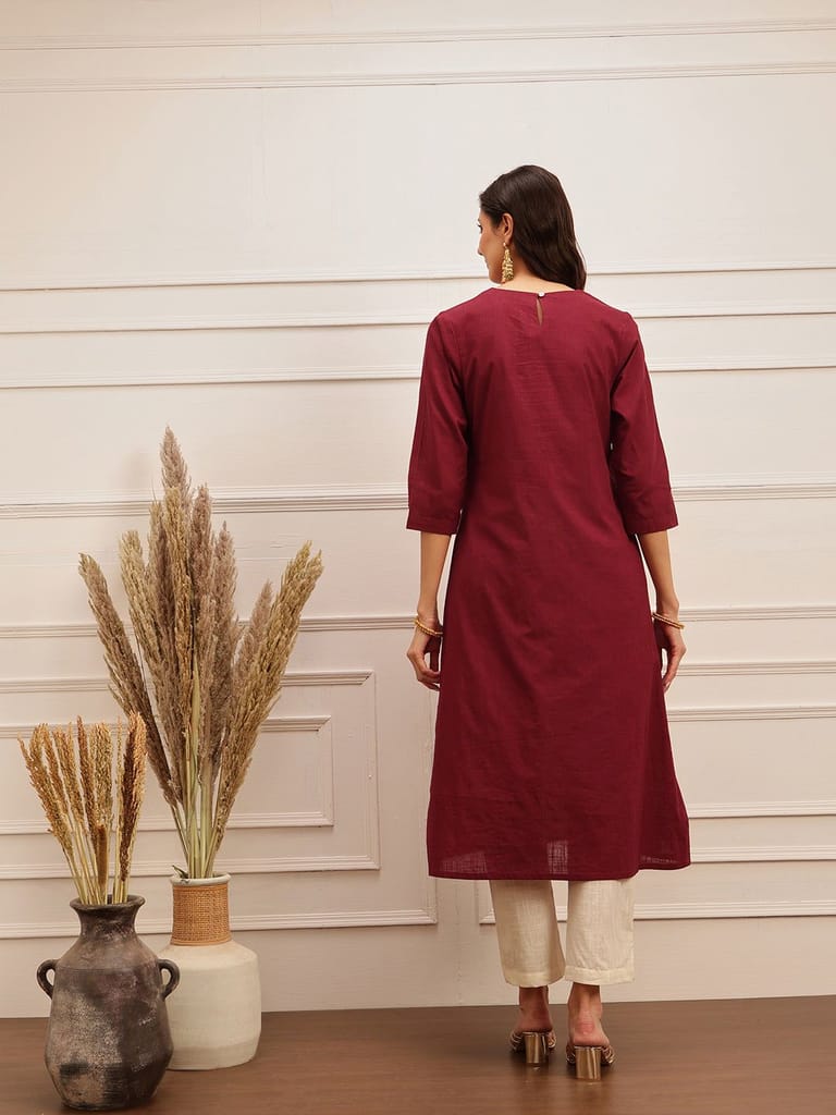 Wine Embroidered Cotton Kurta