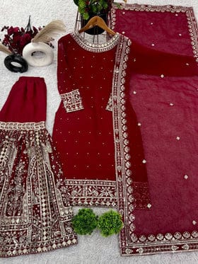 Fancy Top-Gharara And Dupatta With Heavy Embroidery Sequence Work Fancy Top-Gharara And Dupatta With Heavy Embroidery Sequence Work