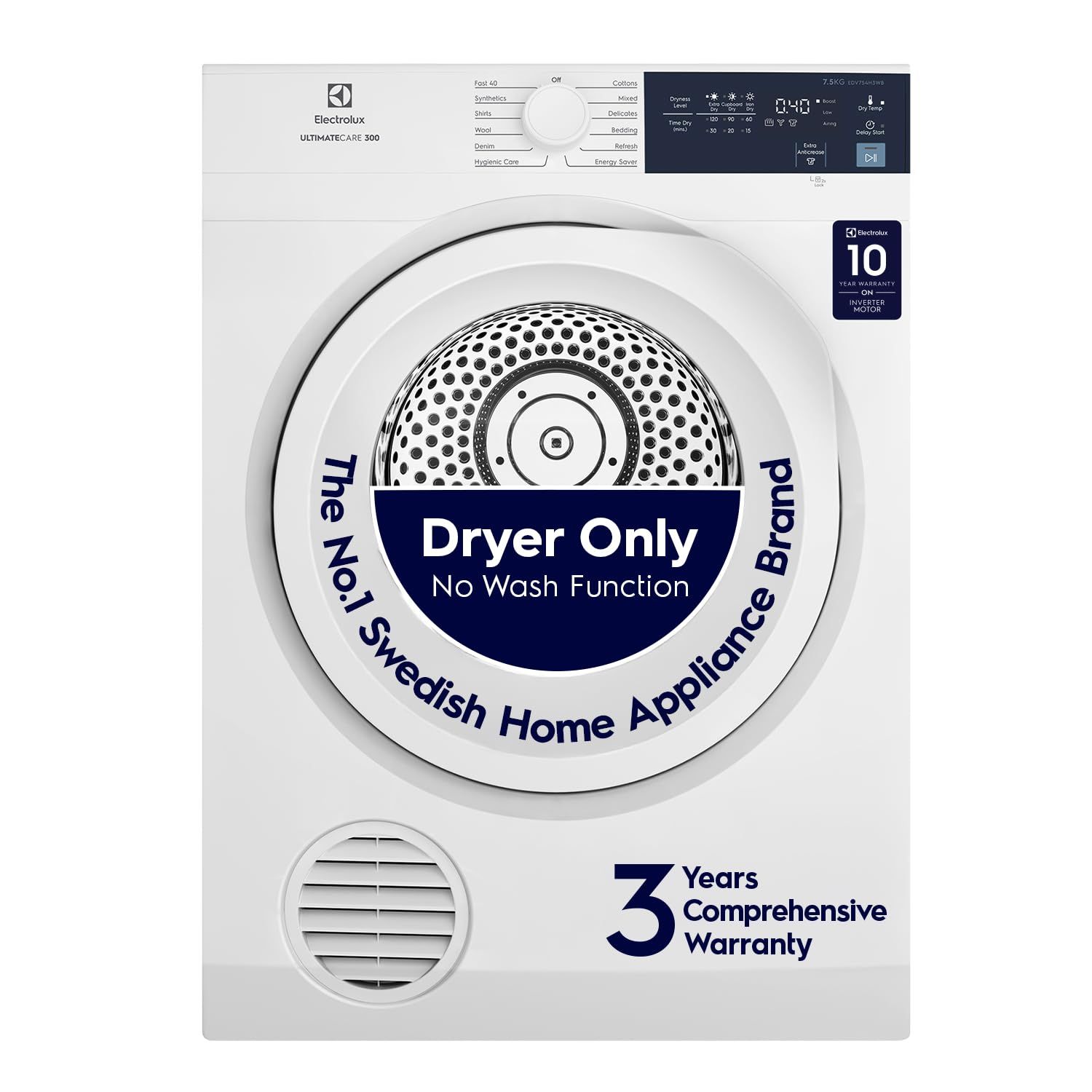 Electrolux 7.5KG Fully Automatic Vented Clothes Dryer Machine, Reverse Tumbling, Smart Sensors, Colour Care, Drying Only - No Washing Function, White, UltimateCare 300, EDV754H3WB Electrolux 7.5KG Fully Automatic Vented Clothes Dryer Machine, Reverse Tum