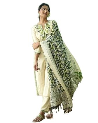 Womens Embroidered Cotton Flex Kurta Set with Art Silk Dupatta 3-Piece Kurti Pant Dupatta Set Heavy Embroidery Work