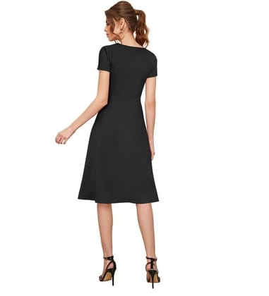 Women's Knitting Stretchable Solid Round Neck Cap Sleeve Dresses (Black, L)-PID56794