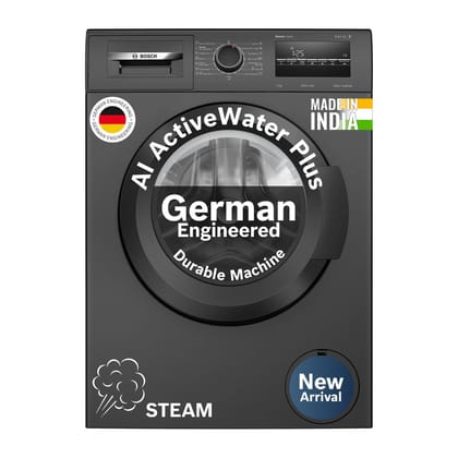 Bosch 7 kg 5 Star Front Load Fully-Automatic Washing Machine, AI ActiveWater, 15 Wash Programs, Removes 99.9% Germs with Steam, No Tangle or Wrinkle, SoftCare Paddle, Black, WAJ24209IN Bosch 7 kg 5 Star Front Load Fully-Automatic Washing Machine, AI Acti
