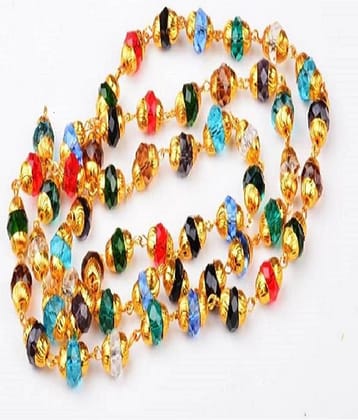 Green Spiritual Energized and Natural Navratan Hakik Stone Beads Chain - 24k Gold Plated Metal Chain (Japa Mala) 8 mm - 75 cm Length Quartz Crystal Chain