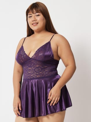 Plus Size Sexy Satin and Lace Honeymoon Babydoll Bikini Dress 07P S-10XL