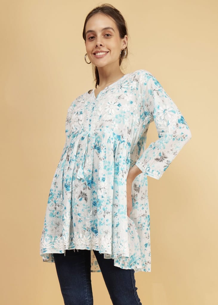 Mulmul Short Frock Style Kurti - Floral Print Blue