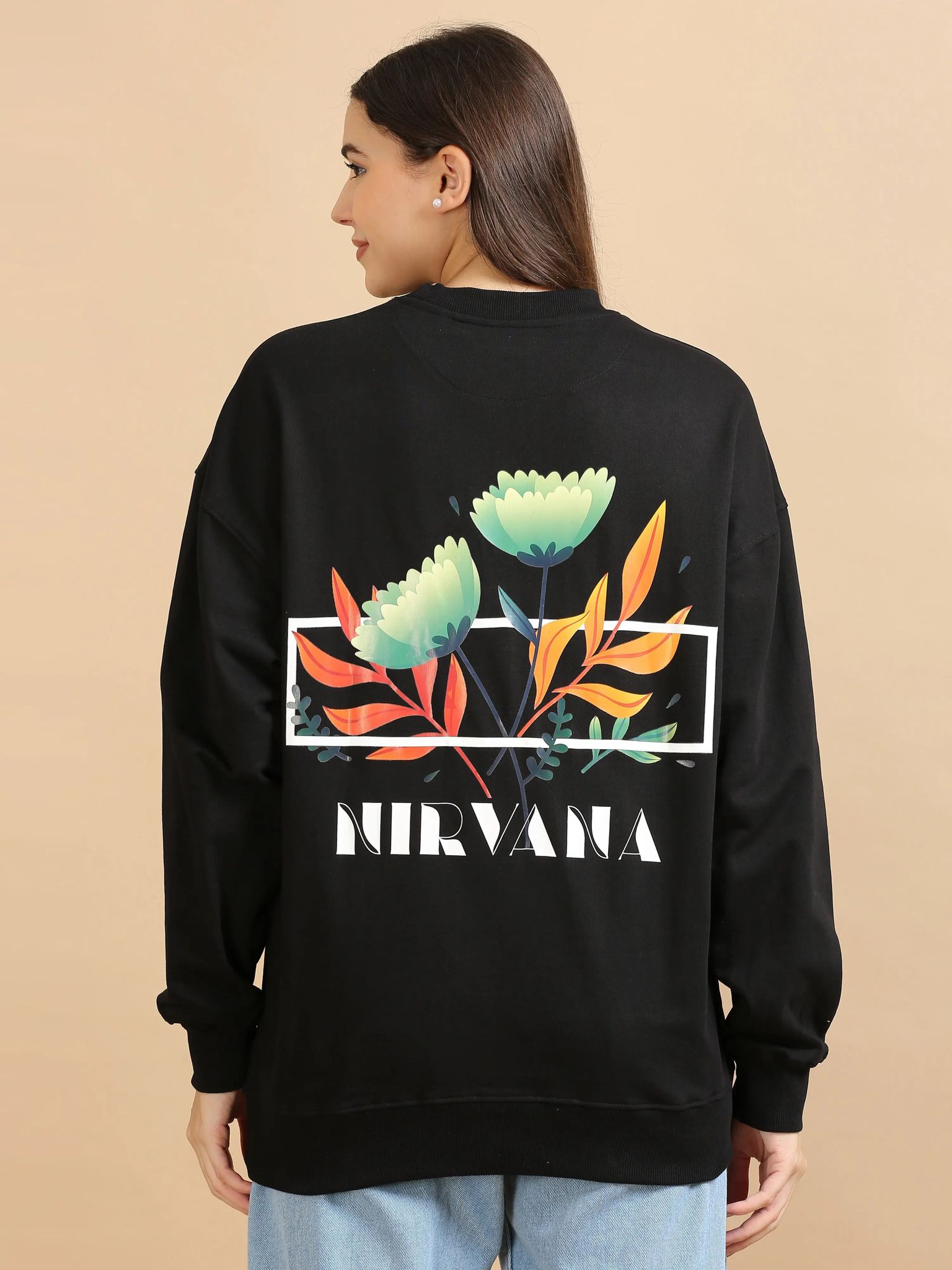 Women Printed Oversized Sweatshirt Pure Cotton Full Sleeve Black-XS
