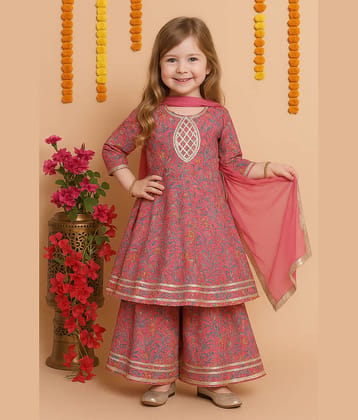 Arshia Fashions Girls Cotton Blend Kurti with Sharara ( Pack of 1 , Pink )
