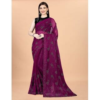 Wine Colour Simmer Silk Diamond Work Saree With Blouse Piece