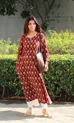 Cotton Red Flower Boota Kali Kurta-2XL