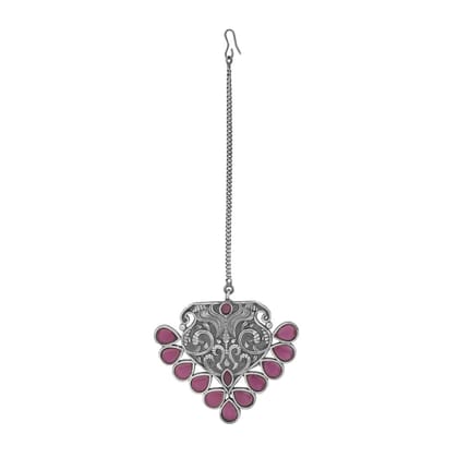 Antique Silver Plated Oxidised Kemp Stone Studded Maang Tikk