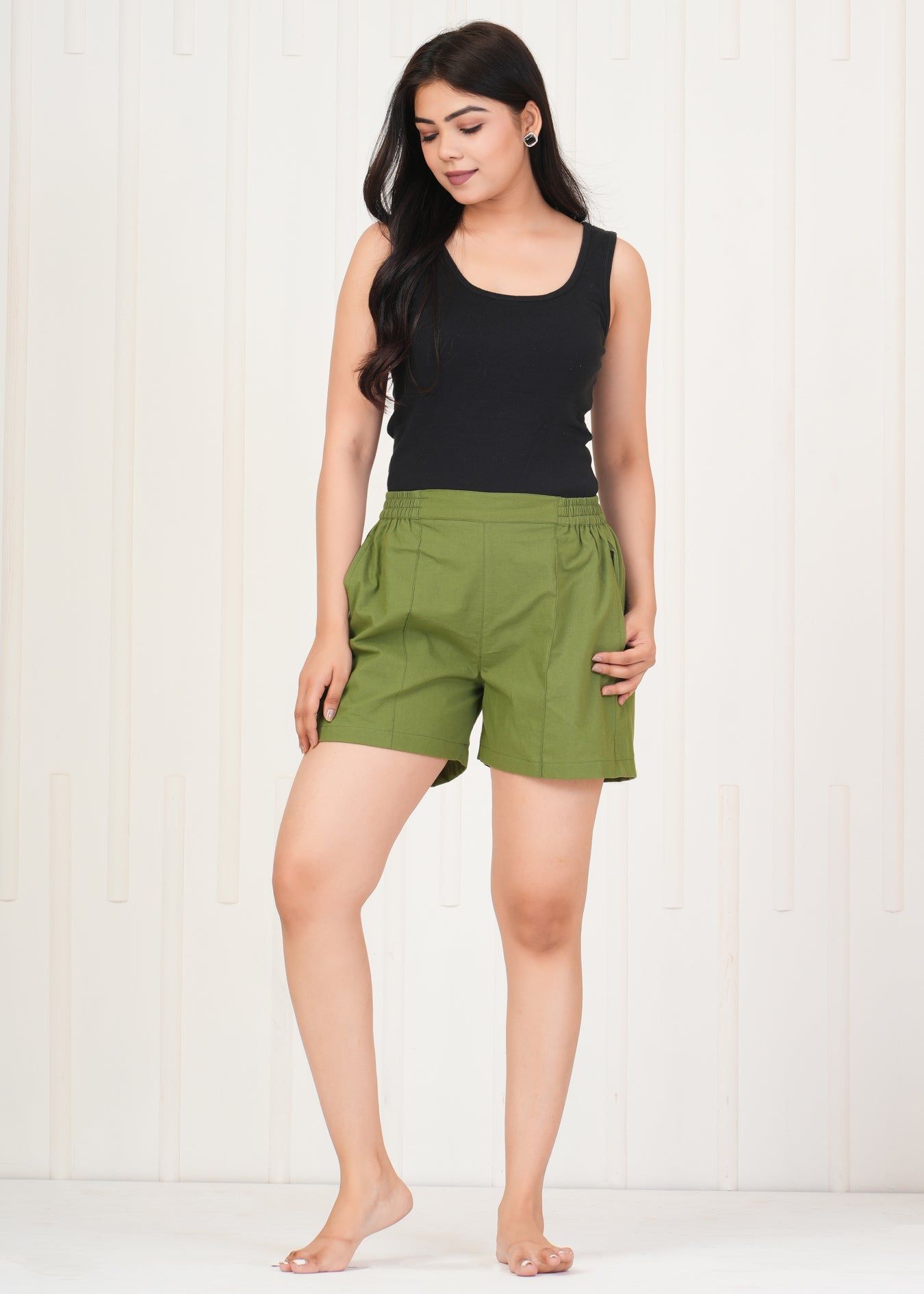 Women's Pista Green Cotton Shorts-S / Pista Green / 100% Cotton