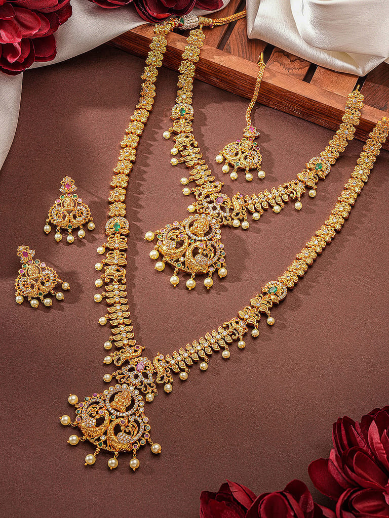 Combo Gold Plated White AD & Pearl Studded Temple Lakshmiji Bridal Jewellery Set - Jewellery Sets | Buy online on ZillyBuy