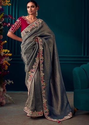Pre Order : Silver And Black Woven Banarasi Silk Saree With Heavy Embroidered Border