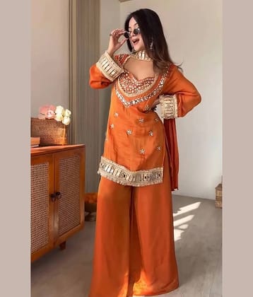 kedar fab Women Silk Embroidered Straight Kurti With Palazzo ( Orange )