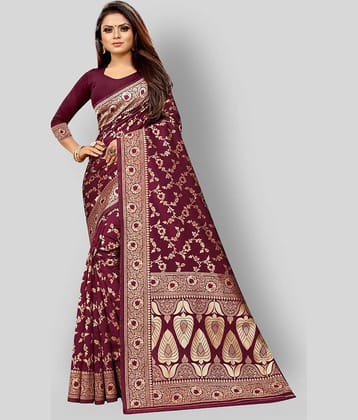 Gazal Fashions Silk Blend Printed Saree With Unstitched Blouse Piece ( Maroon )