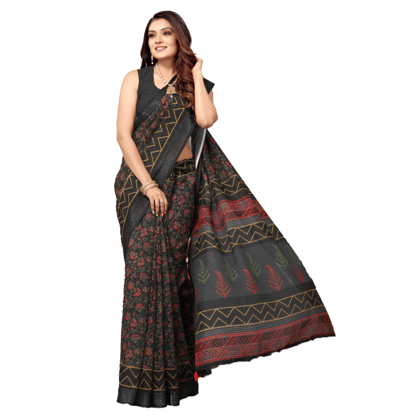 TheHangr Women's Black Saree With Digital Red Flower Print With Zig Zag Border And Leafy Pallu