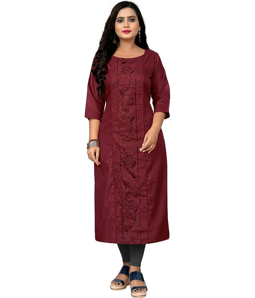 RIAANA Pack of 1 Cotton Blend Embroidered Straight Women's Kurti - ( Maroon )