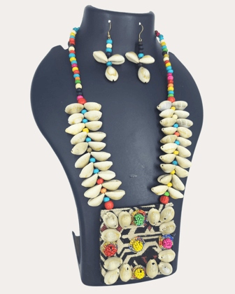 Long Multi Colour Wooden Beads And Cowrie Shell Necklace Set-Square