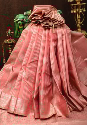 Pink Exquisite Kanjivaram Pure Silk Saree with zari stripe and motifs body | SILK MARK CERTIFIED