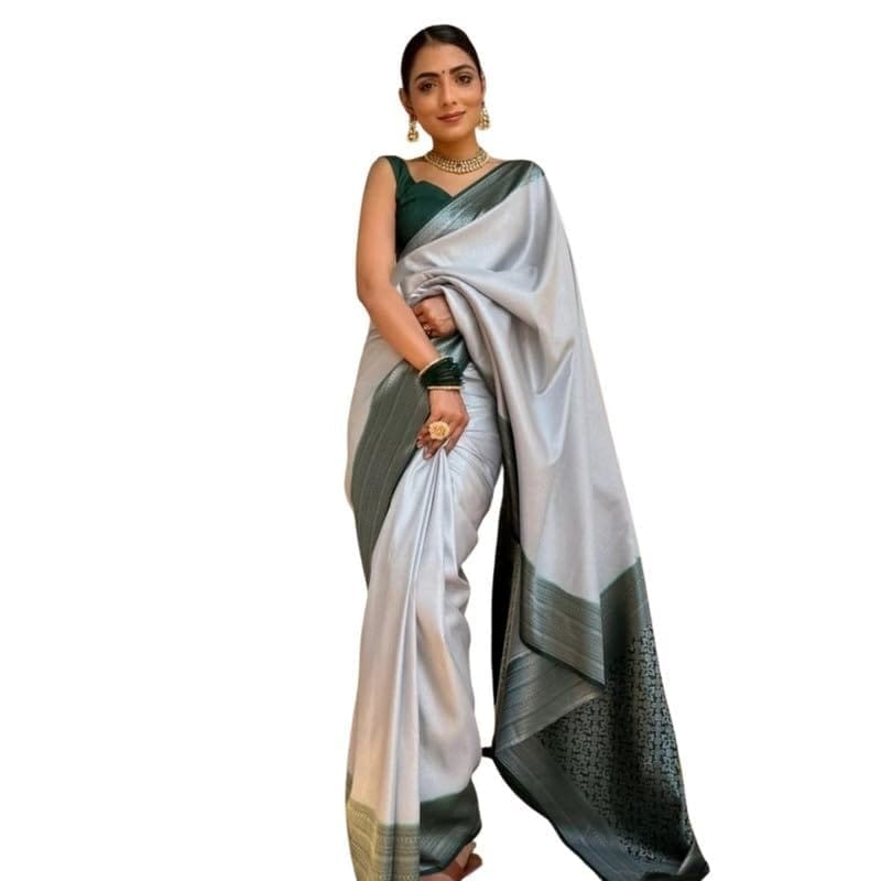 Women's Silk Printed Saree With Unstitched Blouse 5.5Mtr (Grey)-PID60267
