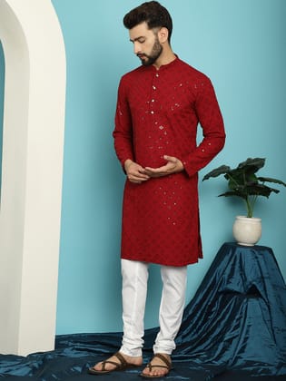 Men's Sequence Maroon Cotton Kurta and White Pyjama-36