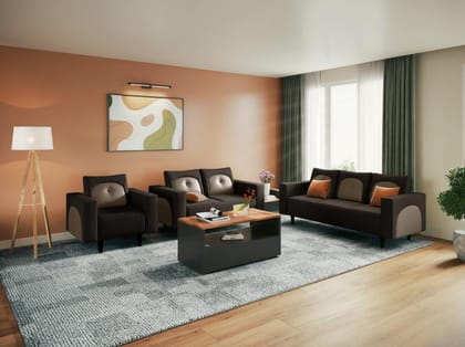 Pangram 6 Seater Fabric Sofa Set (3+2+1) (3-Year Warranty, Solid Wood, Dark Brown)