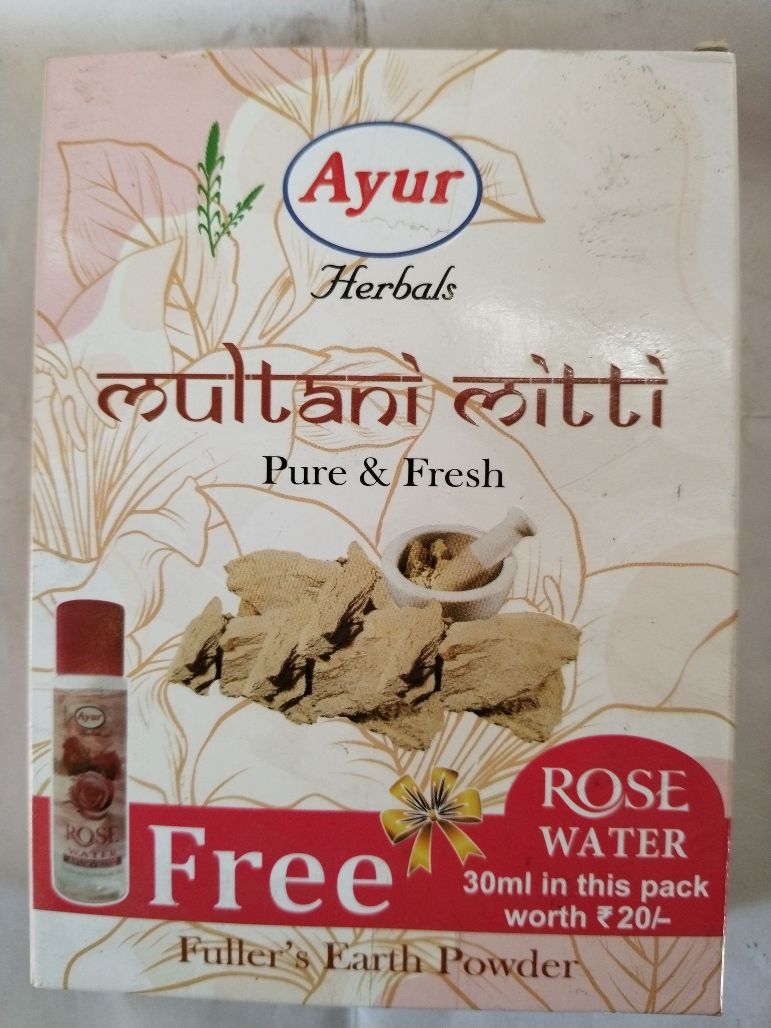 Ayur Herbals multani mitti Pure & fresh with Free ayur Rose Water 30ml 