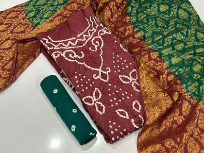 Cotton Satin Barik Bandhej work Authentic Jamnagar Bandhani Dress Material (Unstitched)-Rust-Green