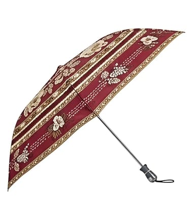 Compact Folding Umbrella, Burgundy Floral Stripe Print, Lightweight Travel Umbrella with Wrist Strap (ASSORTED PRINTS) PACK OF 1