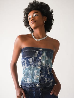 FADERIPPED DENIM TUBE TOP-XS
